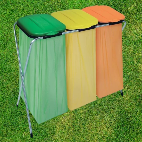 Szemeteszsáktartó állvány, Strend Pro Ecofix-3 Trio, háromzsákos, zsákkapacitás: 20–130 l, horganyzott keret, 96 × 42 × 78 cm, narancssárga + zöld + sárga fedél