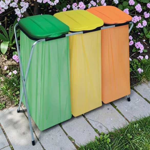 Szemeteszsáktartó állvány, Strend Pro Ecofix-3 Trio, háromzsákos, zsákkapacitás: 20–130 l, horganyzott keret, 96 × 42 × 78 cm, narancssárga + zöld + sárga fedél
