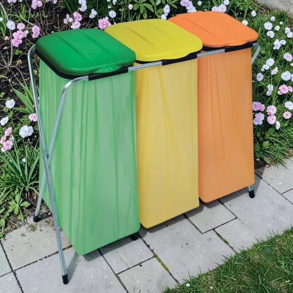 Szemeteszsáktartó állvány, Strend Pro Ecofix-3 Trio, háromzsákos, zsákkapacitás: 20–130 l, horganyzott keret, 96 × 42 × 78 cm, narancssárga + zöld + sárga fedél