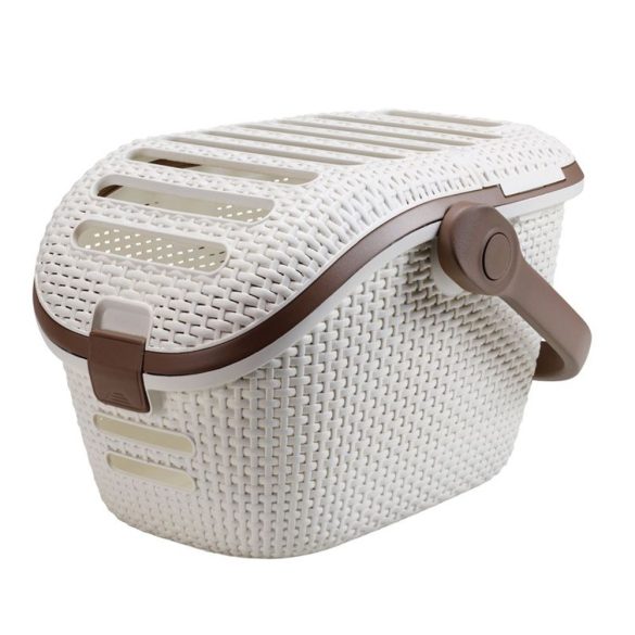 Kisállathordozó táska, Curver, bézs, 38 x 51 x 33 cm, tartós műanyag, rattan hatású, szellőzőnyílások, teherbírás: 10 kg, macskáknak és kutyáknak