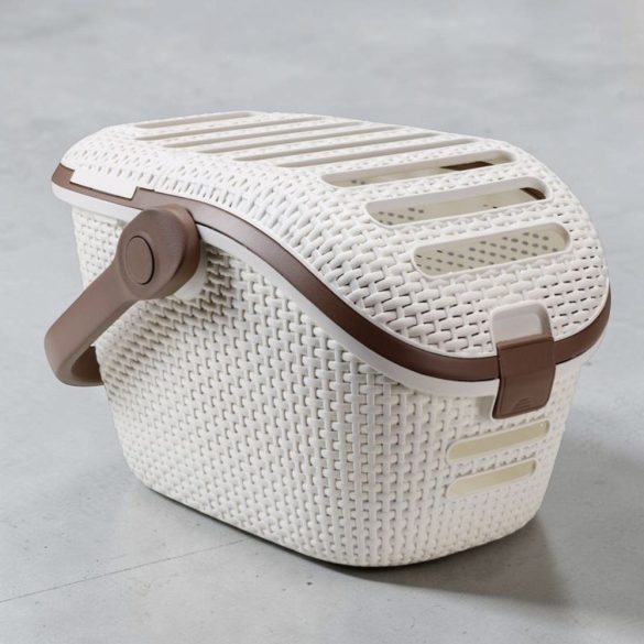 Kisállathordozó táska, Curver, bézs, 38 x 51 x 33 cm, tartós műanyag, rattan hatású, szellőzőnyílások, teherbírás: 10 kg, macskáknak és kutyáknak