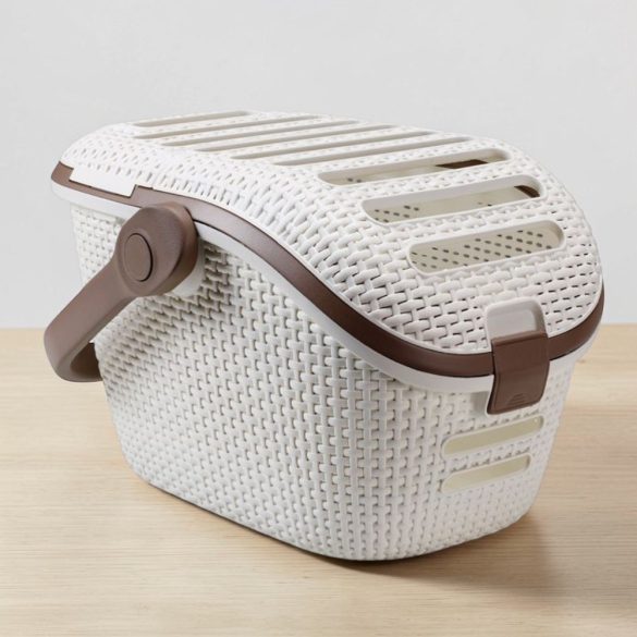 Kisállathordozó táska, Curver, bézs, 38 x 51 x 33 cm, tartós műanyag, rattan hatású, szellőzőnyílások, teherbírás: 10 kg, macskáknak és kutyáknak