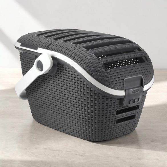 Kisállathordozó táska, Curver, antracit, 38 x 51 x 33 cm, tartós műanyag, rattan hatású, szellőzőnyílások, teherbírás: 10 kg, macskáknak és kutyáknak
