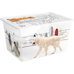   Tárolódoboz, KIS C Style Pets XL, átlátszó, 50 literes, 39 × 55 × 31 cm, egymásra rakható, műanyag, fedeles, kutya mintás, szögletes