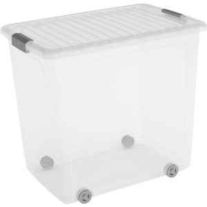 Gurulós tároló, KIS W Box XL, átlátszó, 78 literes, 39 x 57 x 52 cm, egymásra rakható, műanyag, fedeles, kerekes, szögletes