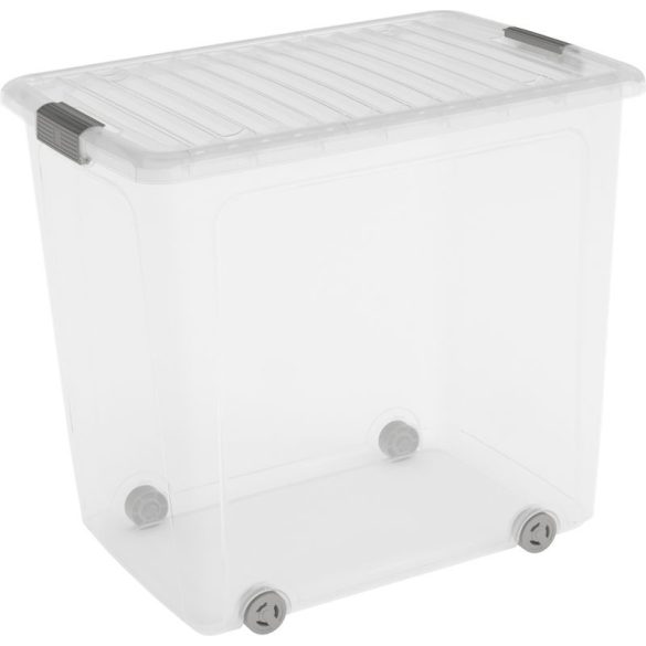 Gurulós tároló, KIS W Box XL, átlátszó, 78 literes, 39 x 57 x 52 cm, egymásra rakható, műanyag, fedeles, kerekes, szögletes
