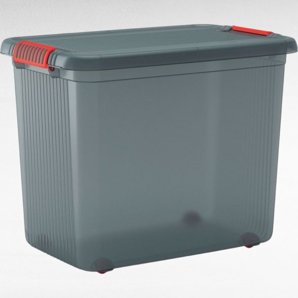 Gurulós tároló, KIS K Latch XXL, szürke, 39 x 59 x 45 cm, egymásra rakható, műanyag, fedeles, kerekes, szögletes