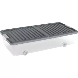   Tárolódoboz, KIS W Box L, sötétszürke, 35 literes, 39 × 79 × 17 cm, fedeles, kerekekkel, ágy alatti