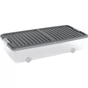 Tárolódoboz, KIS W Box L, sötétszürke, 35 literes, 39 × 79 × 17 cm, fedeles, kerekekkel, ágy alatti