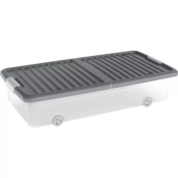 Tárolódoboz, KIS W Box L, sötétszürke, 35 literes, 39 × 79 × 17 cm, fedeles, kerekekkel, ágy alatti