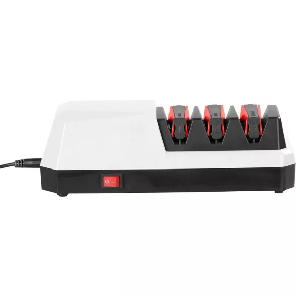 Elektromos késélező, MagicHome, fehér, konyhai késekhez, 3 az 1-ben, 24,2 × 11,2 × 8,1 cm, háromfokozatú, mágneses forgácsgyűjtő, 230 V, 20 W