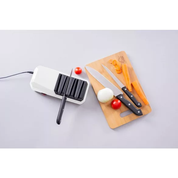 Elektromos késélező, MagicHome, fehér, konyhai késekhez, 3 az 1-ben, 24,2 × 11,2 × 8,1 cm, háromfokozatú, mágneses forgácsgyűjtő, 230 V, 20 W