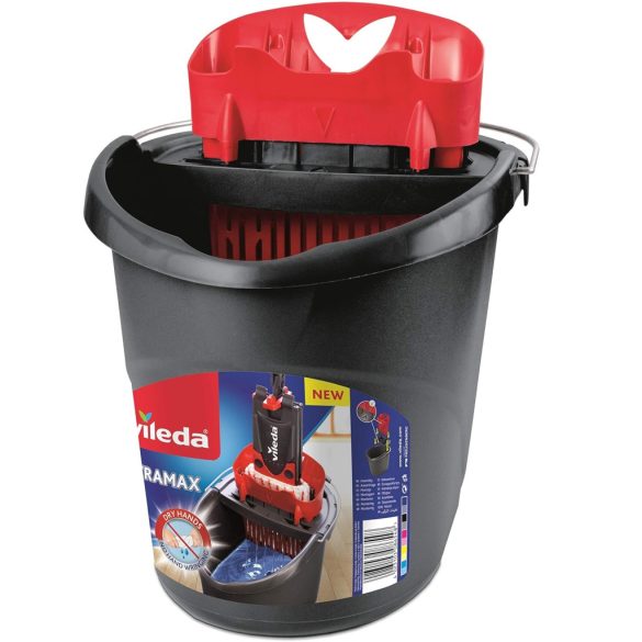 Vödör, Vileda Ultramax, 10 liter, piros-szürke, csavarókosárral, ergonomikus kialakítással