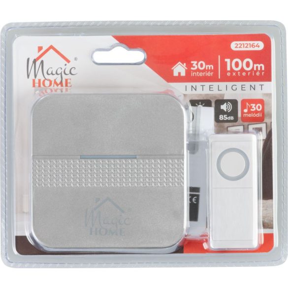 Vezeték nélküli ajtócsengő, MagicHome Intelligent4, ezüst/fehér, 1 W, elemes, IP44 védelem, maximum 100 m hatótávl, 85 dB, 30 dallam, LED jelzés, 4 fokozat