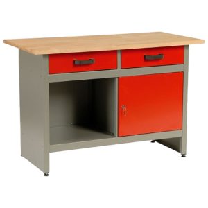 Munkaasztal, 1 US, szürke/piros, 121,5 x 61,5 x 80 cm, acéllemez, 2 fiók, golyóscsapágyas fióksínek, állítható lábak, zárható ajtó