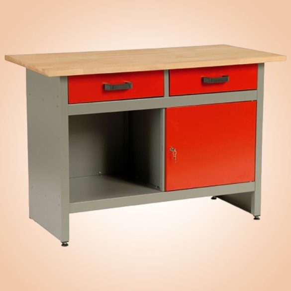 Munkaasztal, 1 US, szürke/piros, 121,5 x 61,5 x 80 cm, acéllemez, 2 fiók, golyóscsapágyas fióksínek, állítható lábak, zárható ajtó
