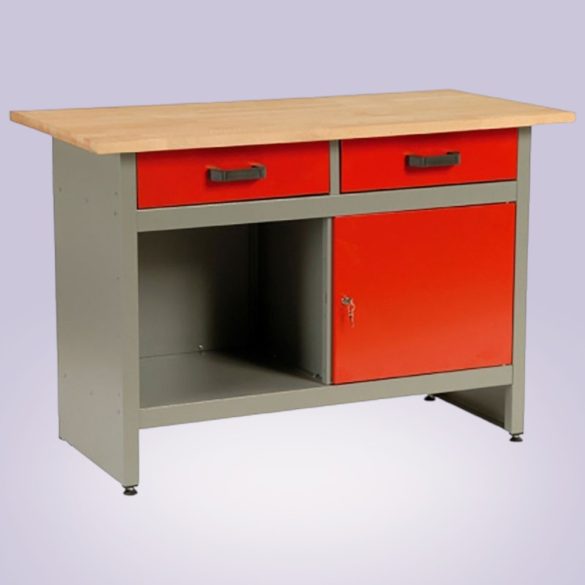 Munkaasztal, 1 US, szürke/piros, 121,5 x 61,5 x 80 cm, acéllemez, 2 fiók, golyóscsapágyas fióksínek, állítható lábak, zárható ajtó