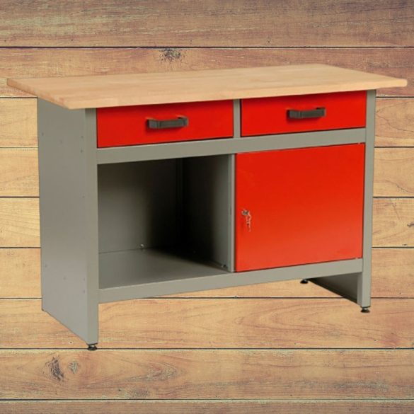 Munkaasztal, 1 US, szürke/piros, 121,5 x 61,5 x 80 cm, acéllemez, 2 fiók, golyóscsapágyas fióksínek, állítható lábak, zárható ajtó