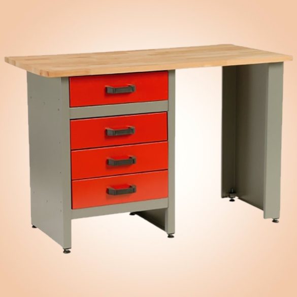 Munkaasztal, szürke/piros, 121,5 x 61,5 x 80 cm, acéllemez, 4 fiók, golyóscsapágyas fióksínek, állítható lábak, 350 kg/m2 teherbírás