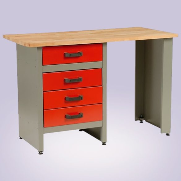 Munkaasztal, szürke/piros, 121,5 x 61,5 x 80 cm, acéllemez, 4 fiók, golyóscsapágyas fióksínek, állítható lábak, 350 kg/m2 teherbírás