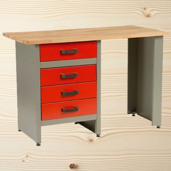 Munkaasztal, szürke/piros, 121,5 x 61,5 x 80 cm, acéllemez, 4 fiók, golyóscsapágyas fióksínek, állítható lábak, 350 kg/m2 teherbírás
