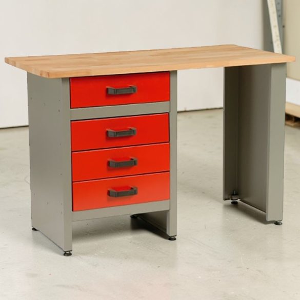 Munkaasztal, szürke/piros, 121,5 x 61,5 x 80 cm, acéllemez, 4 fiók, golyóscsapágyas fióksínek, állítható lábak, 350 kg/m2 teherbírás
