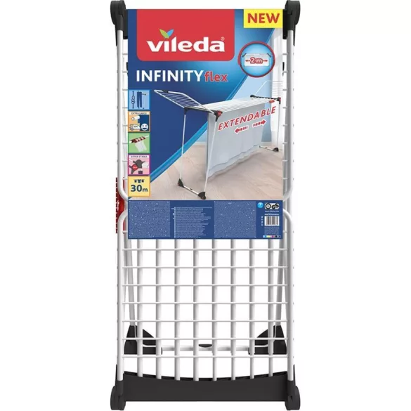Vileda Infinity Flex ruhaszárító, 30 méter szárítási terület, fehér, teleszkópos vázzal, magas oldalsó szárnyakkal, erős huzalokkal