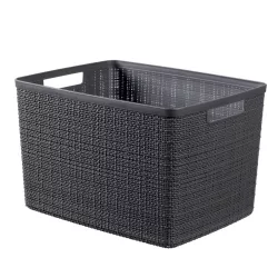   Tárolókosár, Curver Jute L, sötétszürke, 20 literes, 28 x 36 x 23 cm, műanyag, juta hatású, fogantyúkkal, szögletes