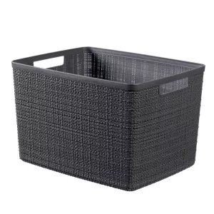 Tárolókosár, Curver Jute L, sötétszürke, 20 literes, 28 x 36 x 23 cm, műanyag, juta hatású, fogantyúkkal, szögletes