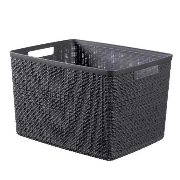 Tárolókosár, Curver Jute L, sötétszürke, 20 literes, 28 x 36 x 23 cm, műanyag, juta hatású, fogantyúkkal, szögletes