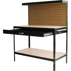   Munkapad, Strend Pro Racks DWB60, fekete, 120 x 60 x 150 cm, polccal, fiókkal, perforált fallal, 230 kg teherbírás, könnyen összeszerelhető