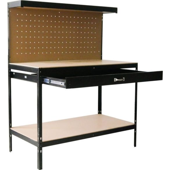 Munkapad, Strend Pro Racks DWB60, fekete, 120 x 60 x 150 cm, polccal, fiókkal, perforált fallal, 230 kg teherbírás, könnyen összeszerelhető