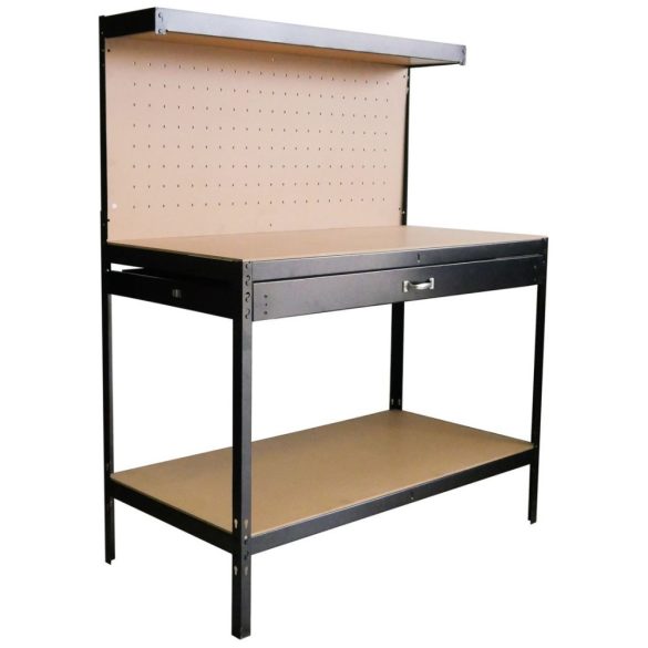 Munkapad, Strend Pro Racks DWB60, fekete, 120 x 60 x 150 cm, polccal, fiókkal, perforált fallal, 230 kg teherbírás, könnyen összeszerelhető
