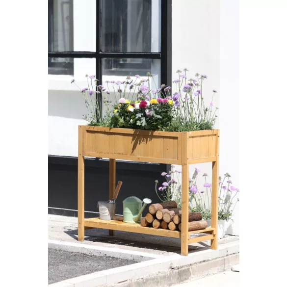 Magaságyás, Strend Pro Garden, 89 × 33 × 76 cm, fa, alsó polccal, magasított, lábakkal, könnyen összeszerelhető, stabil