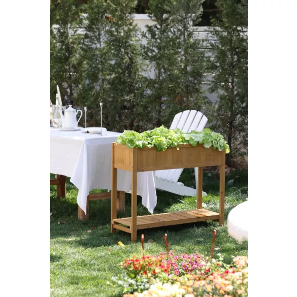 Magaságyás, Strend Pro Garden, 89 × 33 × 76 cm, fa, alsó polccal, magasított, lábakkal, könnyen összeszerelhető, stabil