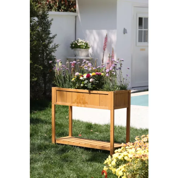 Magaságyás, Strend Pro Garden, 89 × 33 × 76 cm, fa, alsó polccal, magasított, lábakkal, könnyen összeszerelhető, stabil