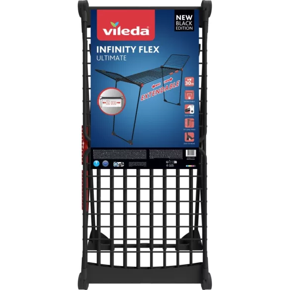 Vileda Infinity Flex Ultimate ruhaszárító, 30 méter szárítási terület, fekete, teleszkópos vázzal, magas oldalsó szárnyakkal, stabil megerősített lábakkal