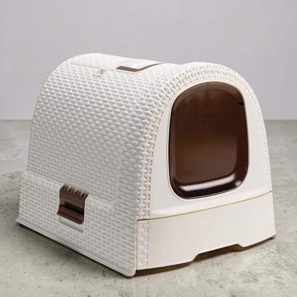 Zárt macska WC, Curver Litterbox Vintage, 51 x 38 x 40 cm, rattan hatású, kihúzható fiókos, szűrős fedél, alomkanállal és alátéttel, hordfüles, UV-álló