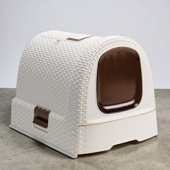 Zárt macska WC, Curver Litterbox Vintage, 51 x 38 x 40 cm, rattan hatású, kihúzható fiókos, szűrős fedél, alomkanállal és alátéttel, hordfüles, UV-álló