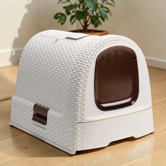Zárt macska WC, Curver Litterbox Vintage, 51 x 38 x 40 cm, rattan hatású, kihúzható fiókos, szűrős fedél, alomkanállal és alátéttel, hordfüles, UV-álló
