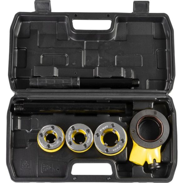 Kézi menetvágó készlet, Strend Pro PP3304.T062, sárga/fekete, 3 db (1/2", 3/4", 1") menetvágó fej, racsnis tokmány, hosszabbítókar