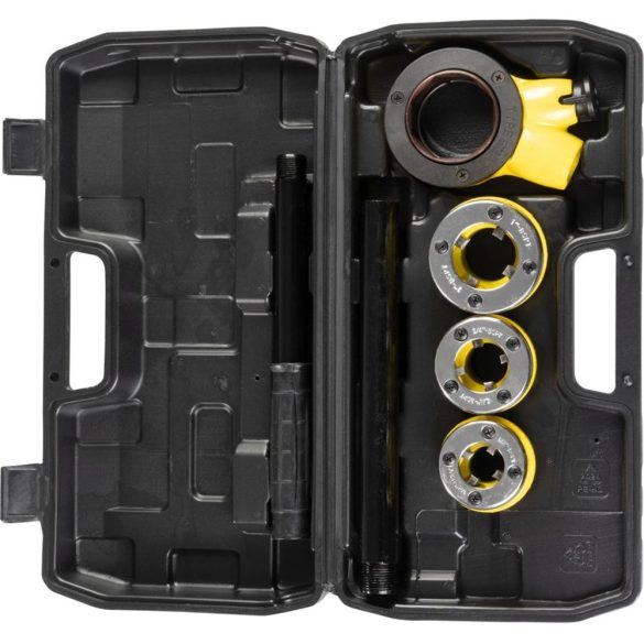 Kézi menetvágó készlet, Strend Pro PP3304.T062, sárga/fekete, 3 db (1/2", 3/4", 1") menetvágó fej, racsnis tokmány, hosszabbítókar