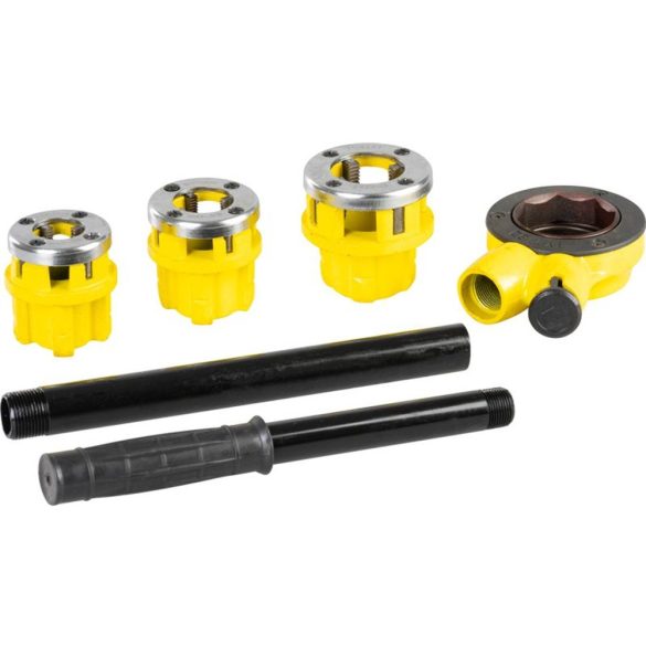 Kézi menetvágó készlet, Strend Pro PP3304.T062, sárga/fekete, 3 db (1/2", 3/4", 1") menetvágó fej, racsnis tokmány, hosszabbítókar