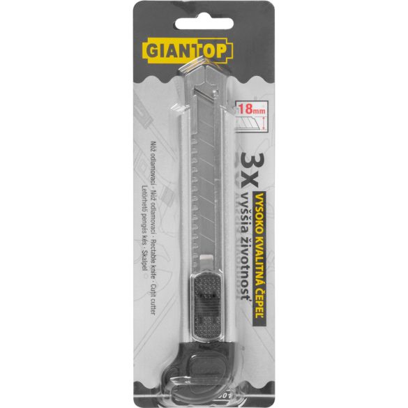 Tapétavágó kés, Giantop UC-516, ezüst, 18 mm penge, tördelhető, fém vezetősín, alumínium ház