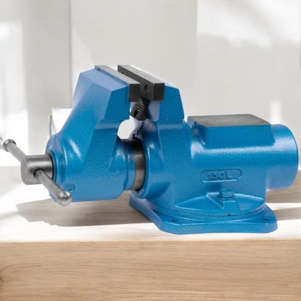 Asztali lakatos satu, York 150 Standard T, kék, maximum 125 mm, 150 mm szélesség, csőpofával, 360°-ban forgatható, orsós, asztalra rögzíthető, üllővel