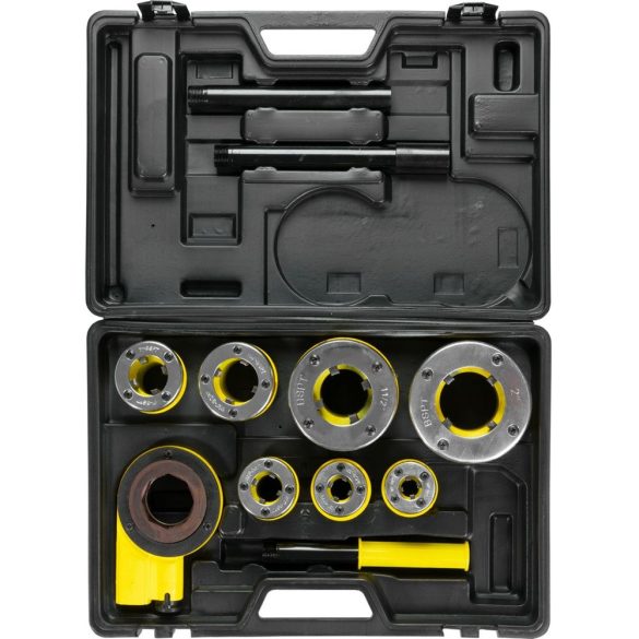 Kézi menetvágó készlet, Strend Pro PP3304.T062, sárga/fekete, 7 db (3/8", 1/2", 3/4", 1", 5/4", 6/4", 2") menetvágó fej, racsnis tokmány, 2 hosszabbítókar