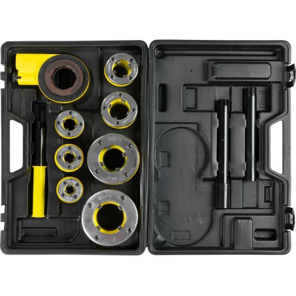 Kézi menetvágó készlet, Strend Pro PP3304.T062, sárga/fekete, 7 db (3/8", 1/2", 3/4", 1", 5/4", 6/4", 2") menetvágó fej, racsnis tokmány, 2 hosszabbítókar