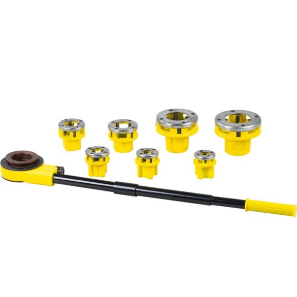 Kézi menetvágó készlet, Strend Pro PP3304.T062, sárga/fekete, 7 db (3/8", 1/2", 3/4", 1", 5/4", 6/4", 2") menetvágó fej, racsnis tokmány, 2 hosszabbítókar
