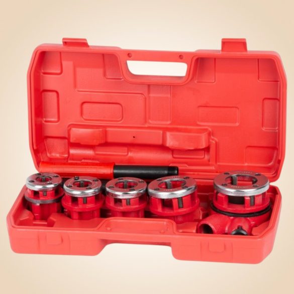 Kézi menetvágó készlet, Strend Pro PP3304.T062, piros, 5 db (3/8", 1/2", 3/4", 1", 5/4") menetvágó fej, racsnis tokmány
