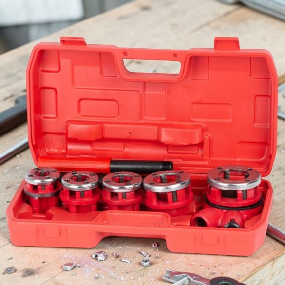 Kézi menetvágó készlet, Strend Pro PP3304.T062, piros, 5 db (3/8", 1/2", 3/4", 1", 5/4") menetvágó fej, racsnis tokmány
